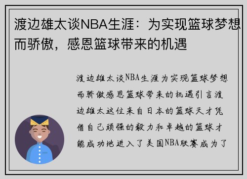 渡边雄太谈NBA生涯：为实现篮球梦想而骄傲，感恩篮球带来的机遇