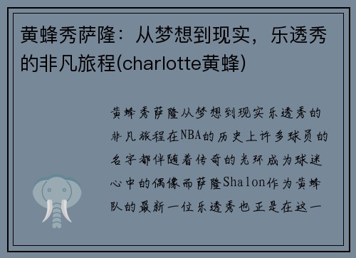 黄蜂秀萨隆：从梦想到现实，乐透秀的非凡旅程(charlotte黄蜂)